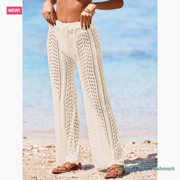 Crochet Mesh Knit Beach Cover Up Pants High Waist Drawstring - Picture 5 of 7